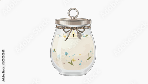 A delicate glass jar with a silver lid and a ribbon tied around its neck, filled with a creamy white substance and colorful sprinkles.