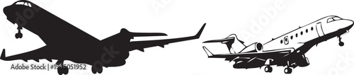 Commercial Cargo Plane and Private Jet Silhouettes on White Background for Aviation