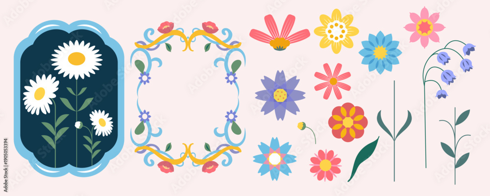 Obraz premium pastel Flat Floral Vector Set with Decorative Frame and Stylized Flowers