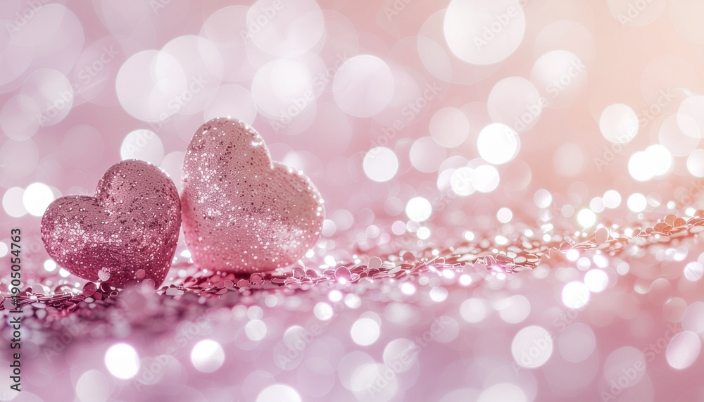 Fototapeta premium Two sparkling pink hearts on glitter with bokeh lights.
