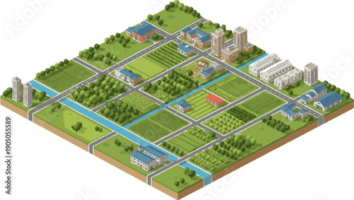 Isometric city plan with diverse buildings, roads, green spaces, and farms showcasing modern urban rural development