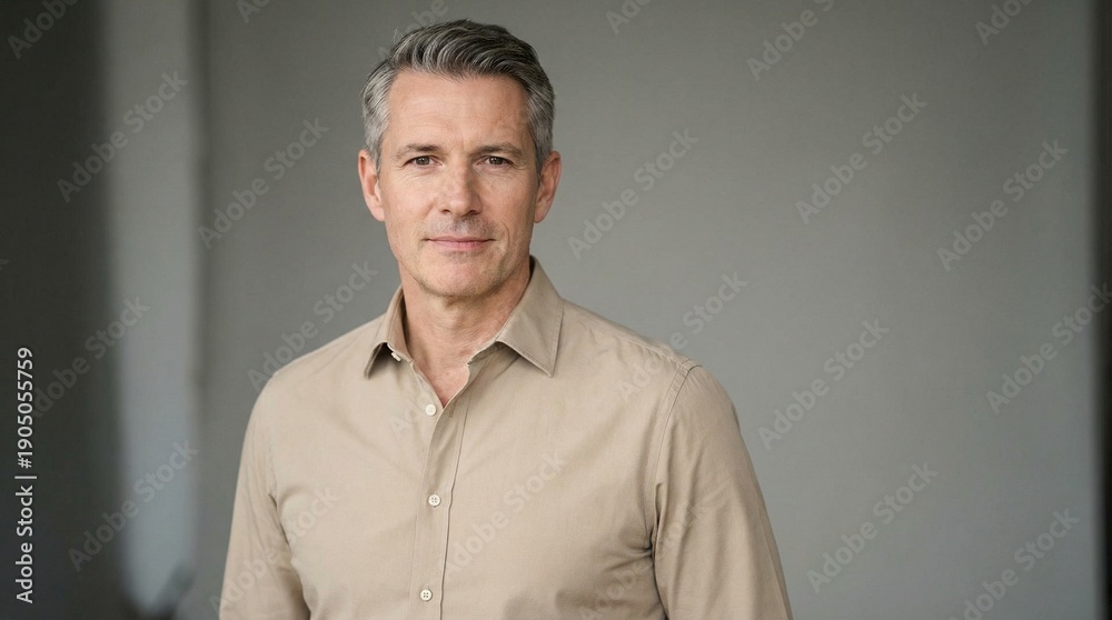 Obraz premium Confident Middle-Aged Man with Grey Hair in Beige Shirt Looking at Camera