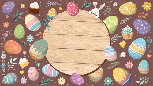 Happy Easter greeting card, poster, cover or banner  hand drawn style with blank wooden circle signboard