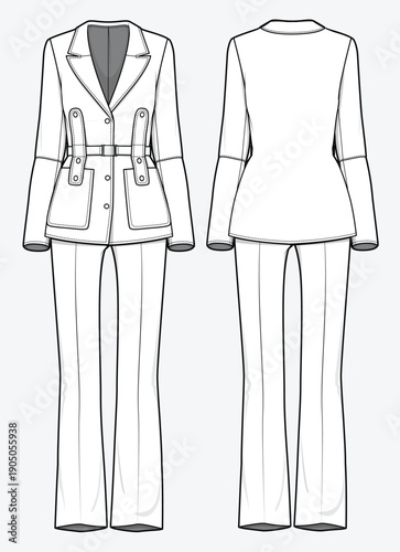 Female peacoat with pant vector mockup template technical technical line drawing.