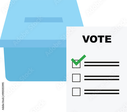 Vector illustration of a ballot box with a voting paper and check mark symbol. This simple and modern design represents democratic elections, voting process, political participation, and civic duty.
