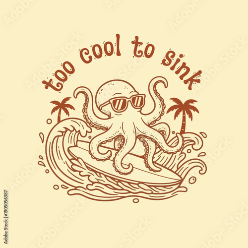 Cool Octopus Surfing on a Wave with Palm Trees.