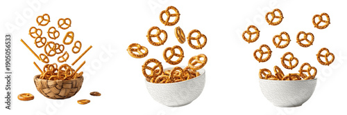 Quadro su tela Set of Crunchy Mini Pretzels Falling into Bowls Isolated on Transparent Backgrou