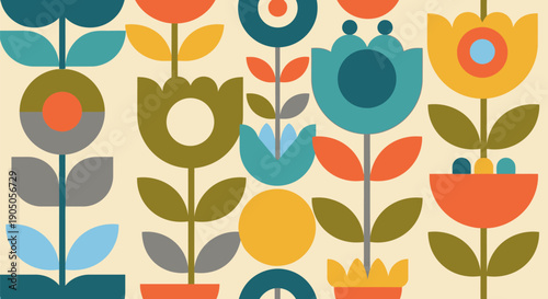 Colorful Cartoon Flowers in Potted Plants.