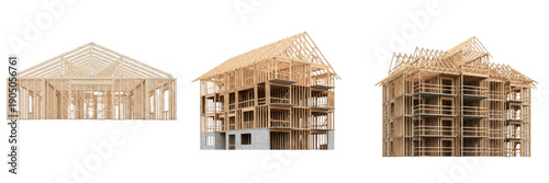 Bild auf Leinwand Wooden House Construction Frame Set Isolated on White Background, Timber Structu