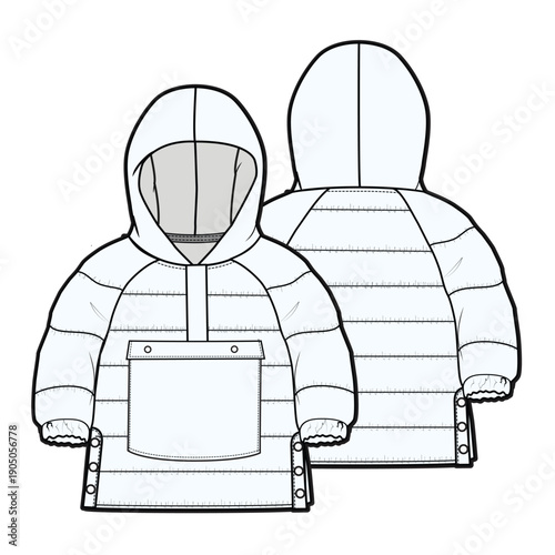 Kids quilted jacket flat sketch vector mockup template technical illustration.