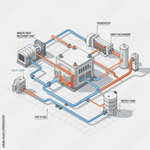 Isometric Diagram of a Waste Heat Recovery System with Generator and Heat Exchanger.