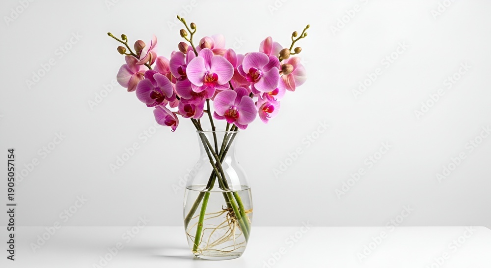 Naklejka premium A Beautiful Bouquet of Vibrant Pink Orchid Flowers with Green Buds in a Clear Glass Vase, Isolated on a White Background