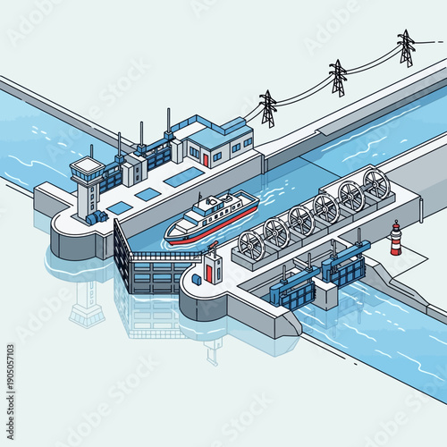 Isometric illustration of a ship passing through a river lock system with a hydroelectric power plant.