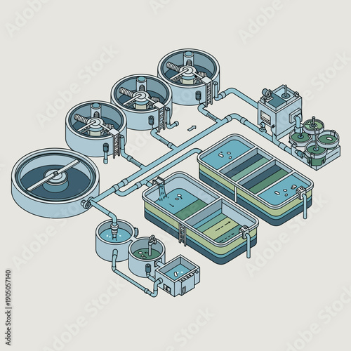Isometric Illustration of a Water Treatment and Filtration System.
