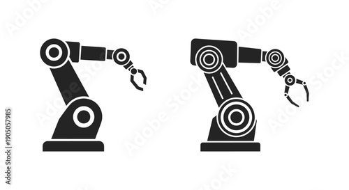 Industrial robotic arms in different positions.