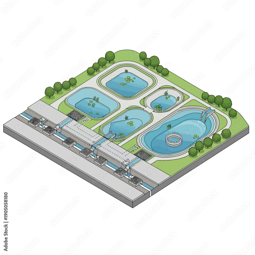 Obraz premium Isometric View of a Modern Water Treatment Plant with Adjacent Roadway.