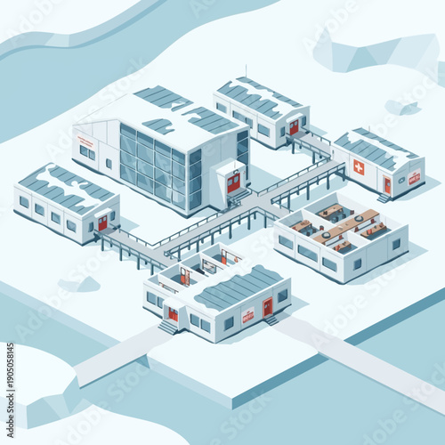 Isometric view of a modern research station in a snowy landscape.