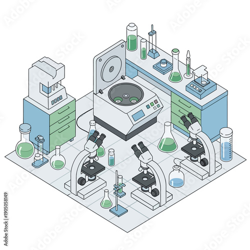 Isometric view of a modern science laboratory with various equipment.