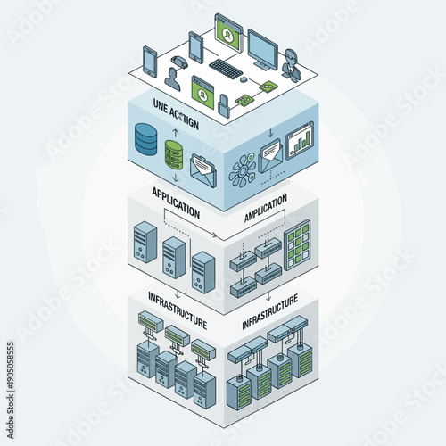 Three-tiered IT infrastructure diagram with application and infrastructure layers.