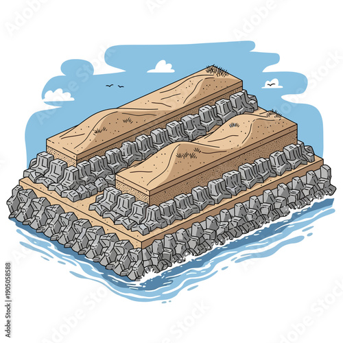 Two wooden coffins floating on a raft made of rocks.
