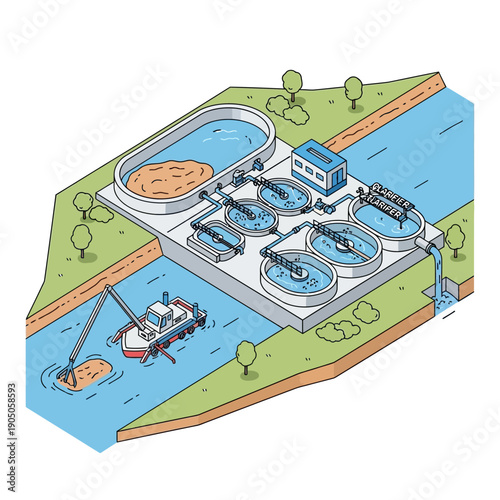 Wastewater Treatment Plant with Sedimentation Tanks and Dredging Boat.