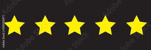 Five shiny yellow stars. Achievements for games. Customer feedback concept from clients about website employees. Realistic 3D design. For mobile applications. Vector illustration.