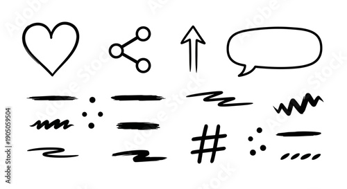 Hand drawn social media icons and doodle elements set.