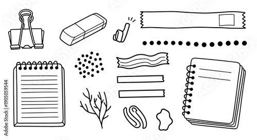 Hand Drawn Stationery Elements and Office Supplies Collection.