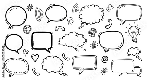 Hand drawn speech bubbles and communication icons set.