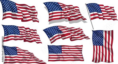 Multiple American Flags Waving in Air.