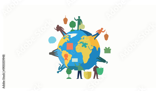 Climate change awareness with people protecting Earth and global celebration elements vector illustration