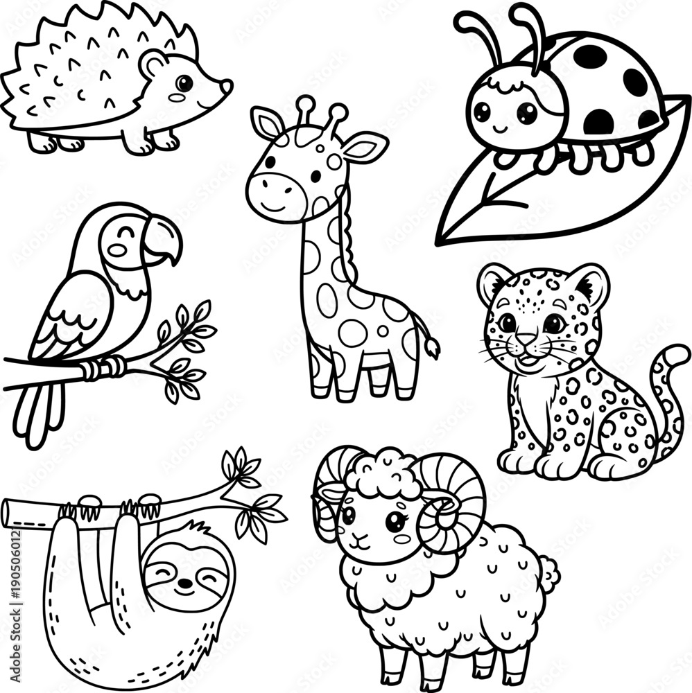Fototapeta premium Funny Wild Animals Outline Set with Giraffe Sloth and Parrot, Hand Drawn Doodle for Kids