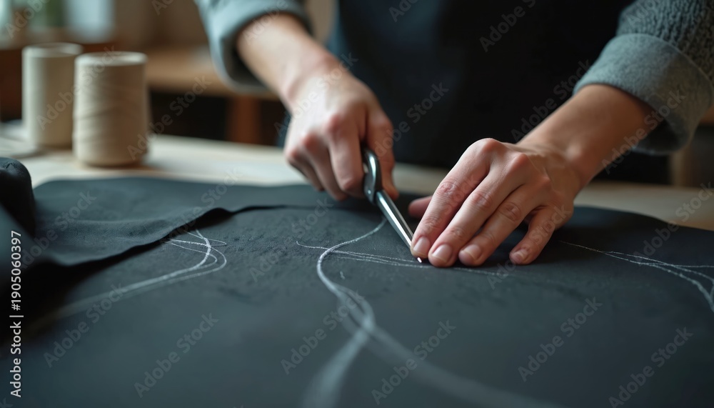 Obraz premium Tailor cuts black fabric with chalk lines using scissors. Seamstress works at table with thread spools. Skilled hands create clothing patterns for dressmaking in workshop.