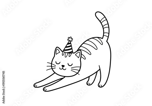Cute Minimalist Cartoon Cat Stretching with Party Hat Illustration