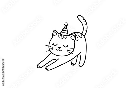 Cute Minimalist Cartoon Cat Stretching with Party Hat Illustration