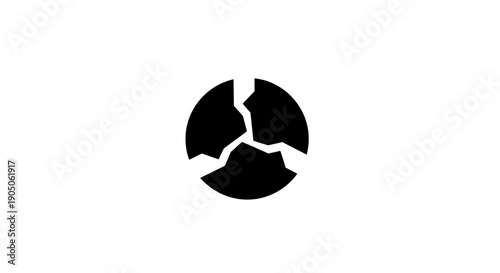 Black broken circle symbol with three cracked segments isolated on white background.