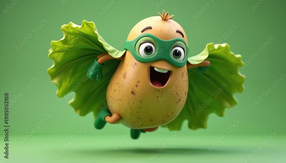 Fototapeta premium Funny potato superhero flies fast with lettuce cape and green mask. Character has open mouth arms and legs spread wide. Food hero in comic style animation.