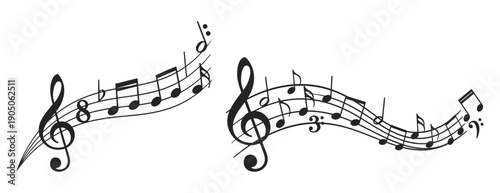 Musical Notes and Treble Clefs in Black on White Background.