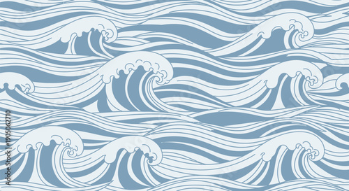 Stylized Ocean Waves Pattern Blue White.