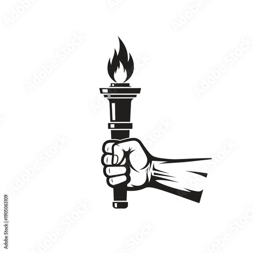 Hand holding a lit torch in a powerful gesture.
