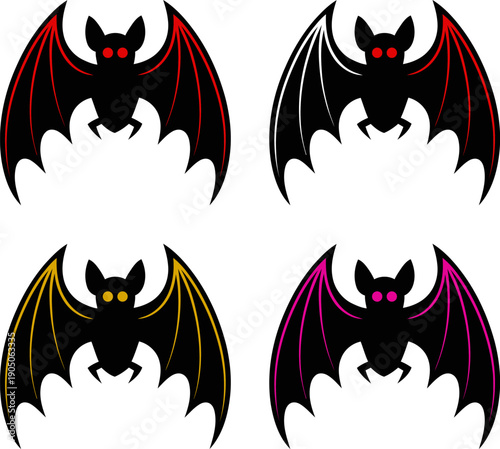Vector bat icon set with red, black, gold, and pink wings, Halloween animal symbol, isolated on white