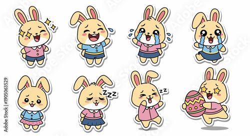 Cartoon Rabbit Characters with Emotions and Outfits.