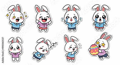 Cartoon Rabbits in Various Emotions and Outfits.