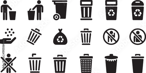 Black silhouette trash can and recycling icons set for design use