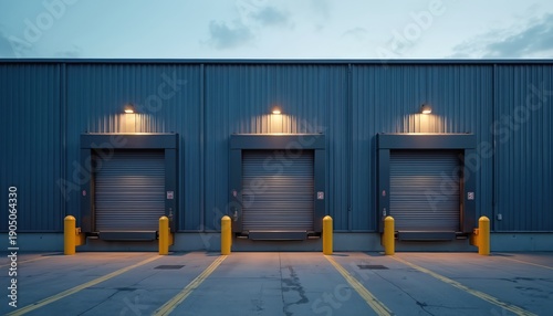 Three industrial loading docks with security posts sit closed at a distribution center building. Exterior view shows closed roll-up doors under lights at twilight, highlighting empty warehouse gates.
