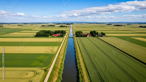 Aerial view of a serene canal through agricultural fields and green landscapes under a clear blue sky