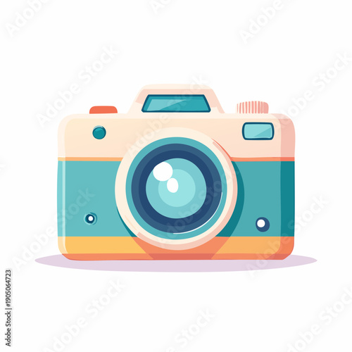 cute pastel flat illustration of a camera, soft pastel colors, thick rounded outline, minimal detail, kawaii style, simple vector icon, isolated object, plain white background, no additional elements