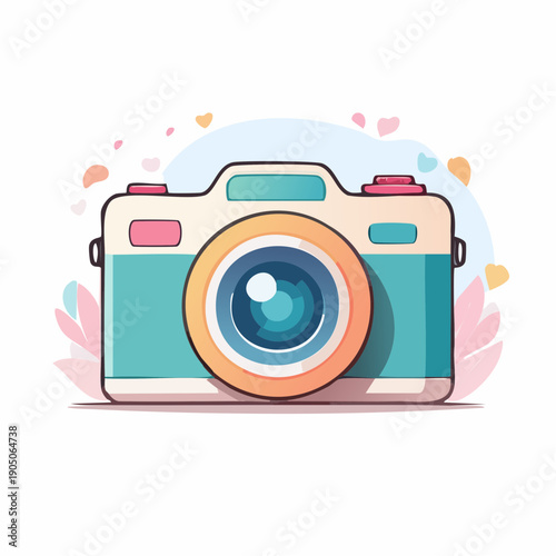 cute pastel flat illustration of a camera, soft pastel colors, thick rounded outline, minimal detail, kawaii style, simple vector icon, isolated object, plain white background, no additional elements