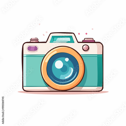 cute pastel flat illustration of a camera, soft pastel colors, thick rounded outline, minimal detail, kawaii style, simple vector icon, isolated object, plain white background, no additional elements