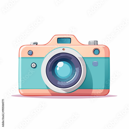 cute pastel flat illustration of a camera, soft pastel colors, thick rounded outline, minimal detail, kawaii style, simple vector icon, isolated object, plain white background, no additional elements